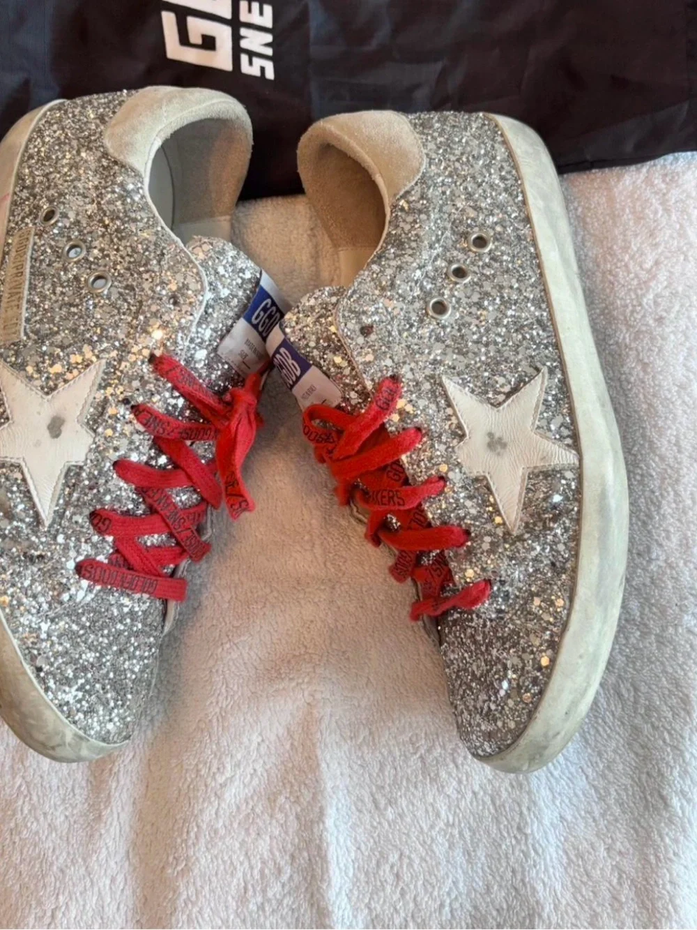 Authentic Golden Goose Sneakers Superstar Silver glitter red laces EU 40, US 9